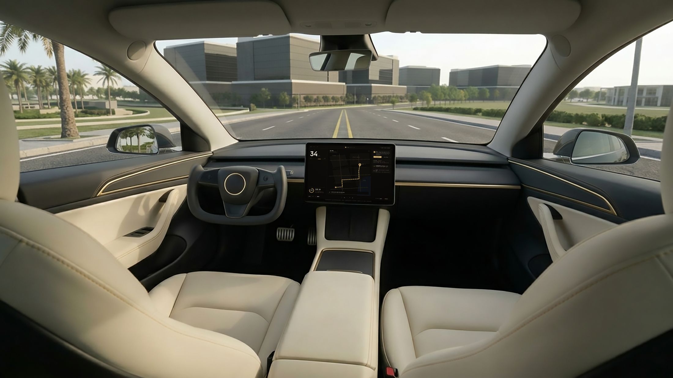 Atlas fleet sedan interior with Mobility OS on the center display — design study