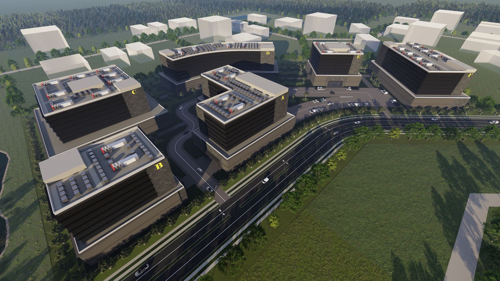 Design render of the Atlas data-centre campus, blocks A to F